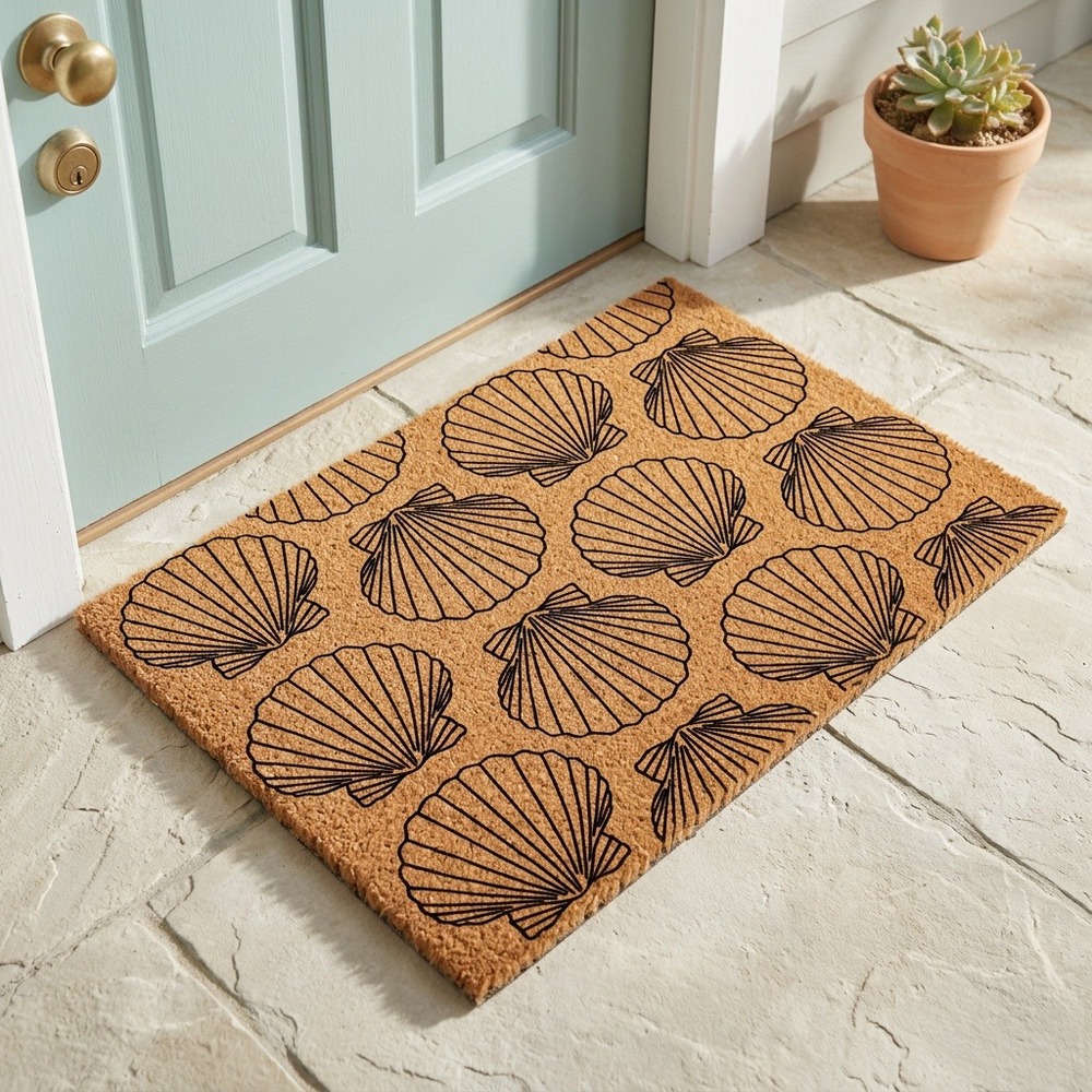 Coastal Scallop Seashell Coir Doormat Natural Brown Black Nautical Entryway Rug